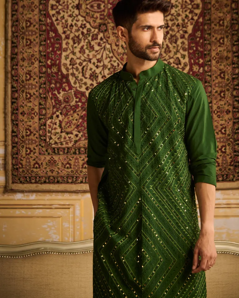 Olive Green Thread & Mirror Embroidered Kurta With Olive Green Pants