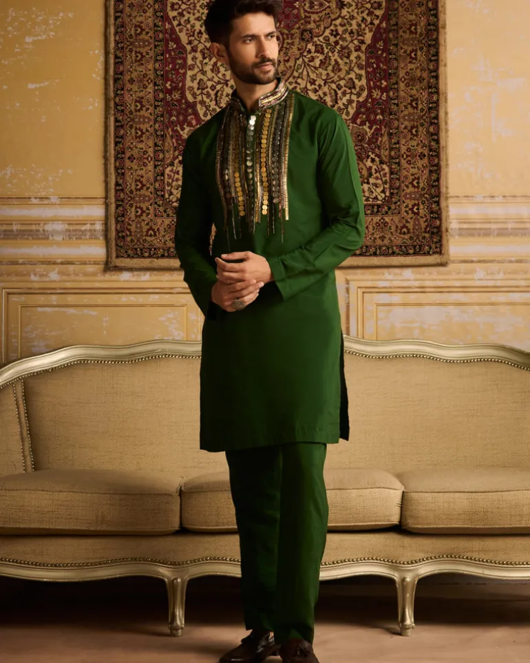 Olive Green Tribal Rustic Embroidered Kurta With Olive Green Pants