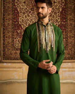 Olive Green Tribal Rustic Embroidered Kurta With Olive Green Pants