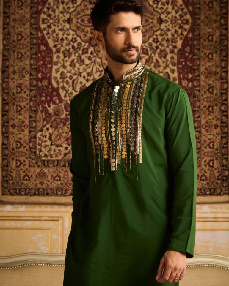 Olive Green Tribal Rustic Embroidered Kurta With Olive Green Pants