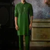 Olive Green Yoke Embroidered Kurta With Olive Green Pants