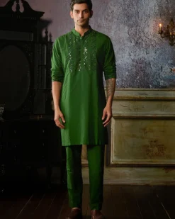Olive Green Yoke Embroidered Kurta With Olive Green Pants