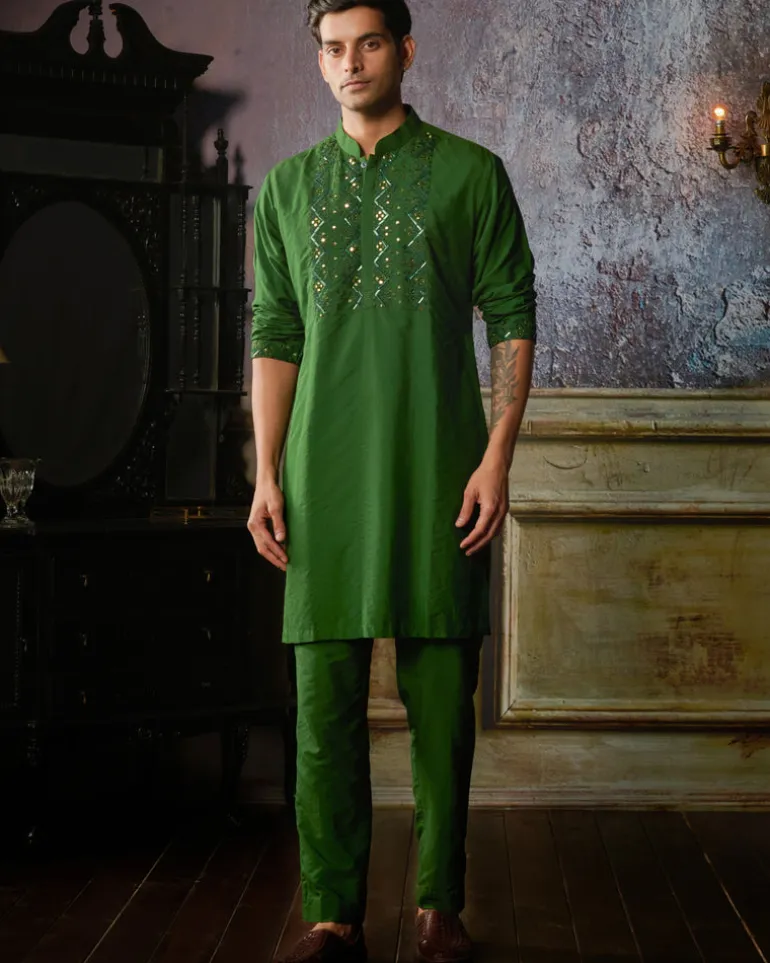 Olive Green Yoke Embroidered Kurta With Olive Green Pants