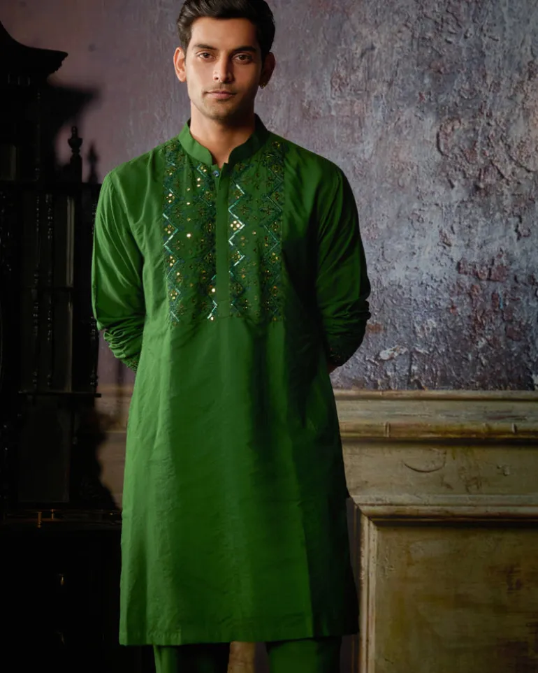 Olive Green Yoke Embroidered Kurta With Olive Green Pants