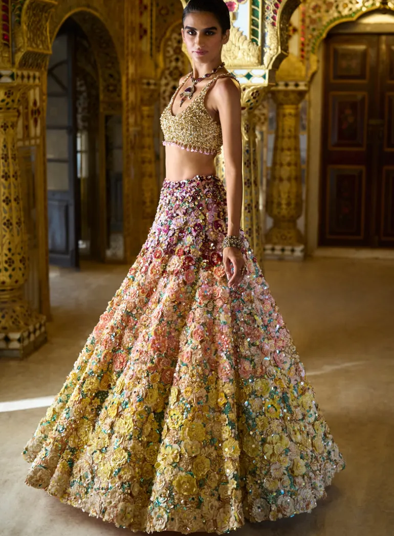 Ombre Multi-Coloured Three-Dimensional Floral Lehenga Set