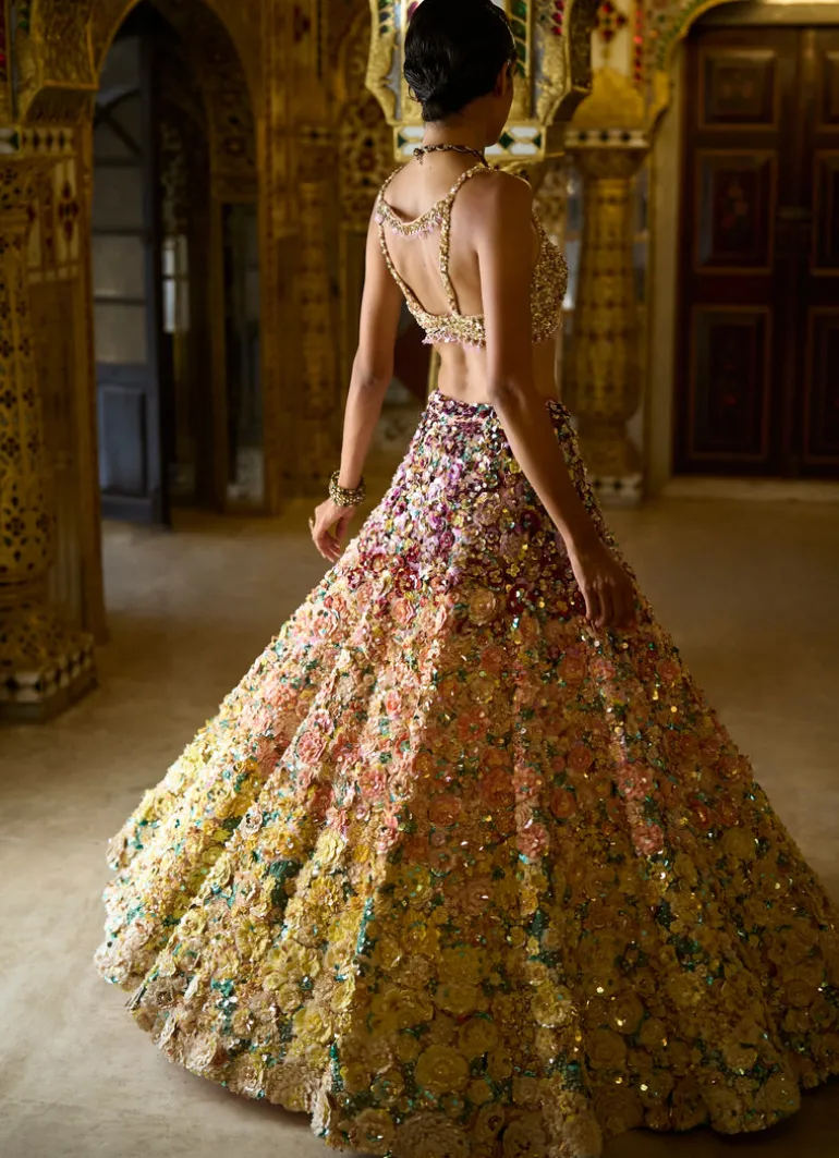 Ombre Multi-Coloured Three-Dimensional Floral Lehenga Set