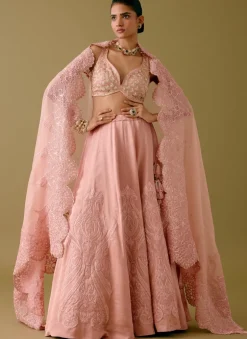 Onion Pink Embroidered Silk Satin Lehenga