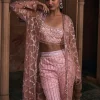 Onion Pink Full Embroidered Long Jacket Crop Top Set