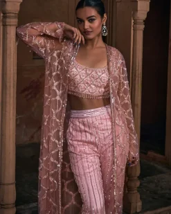 Onion Pink Full Embroidered Long Jacket Crop Top Set