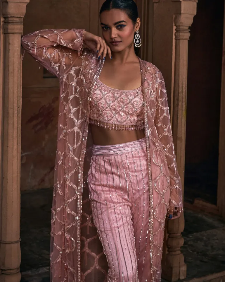 Onion Pink Full Embroidered Long Jacket Crop Top Set
