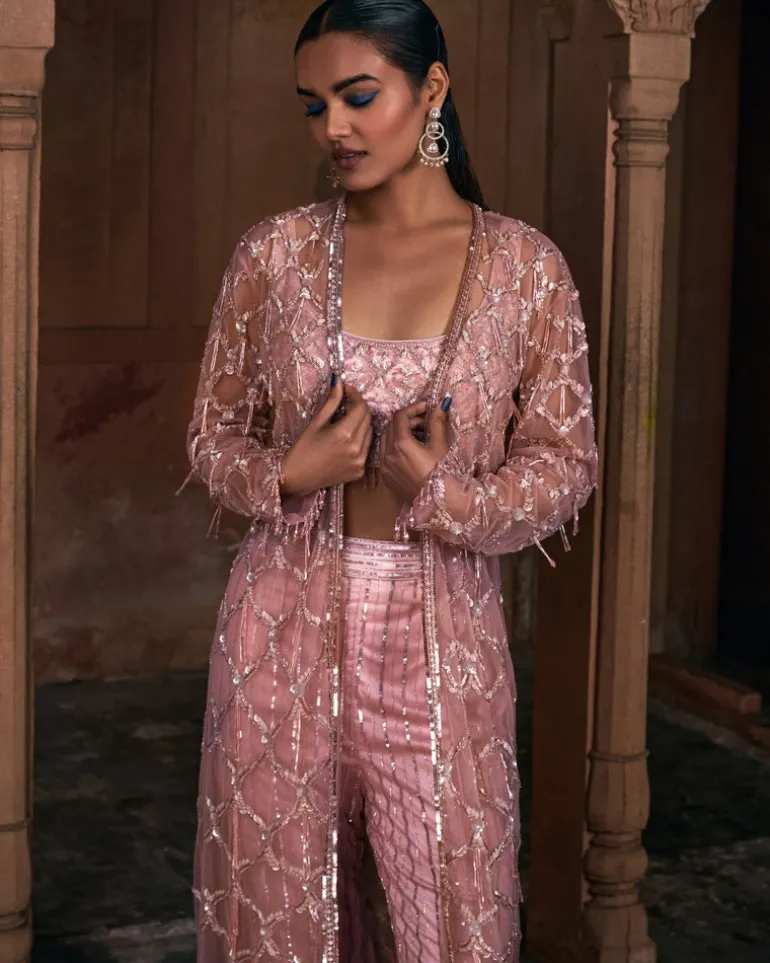 Onion Pink Full Embroidered Long Jacket Crop Top Set