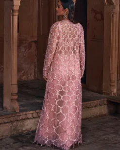 Onion Pink Full Embroidered Long Jacket Crop Top Set