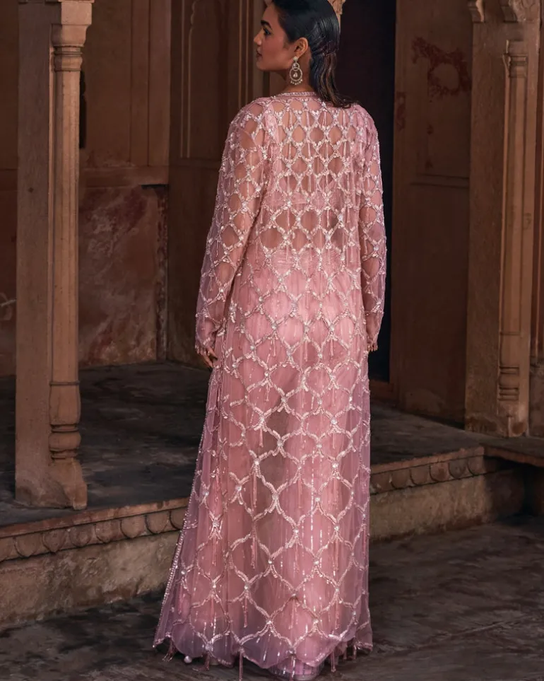 Onion Pink Full Embroidered Long Jacket Crop Top Set