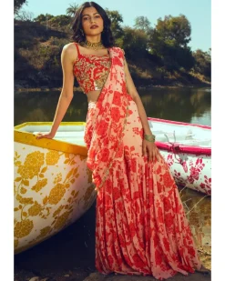 Onion Pink Printed Sharara Sari Set