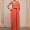 Orange And Gold Multithread Embroidered Sari Set