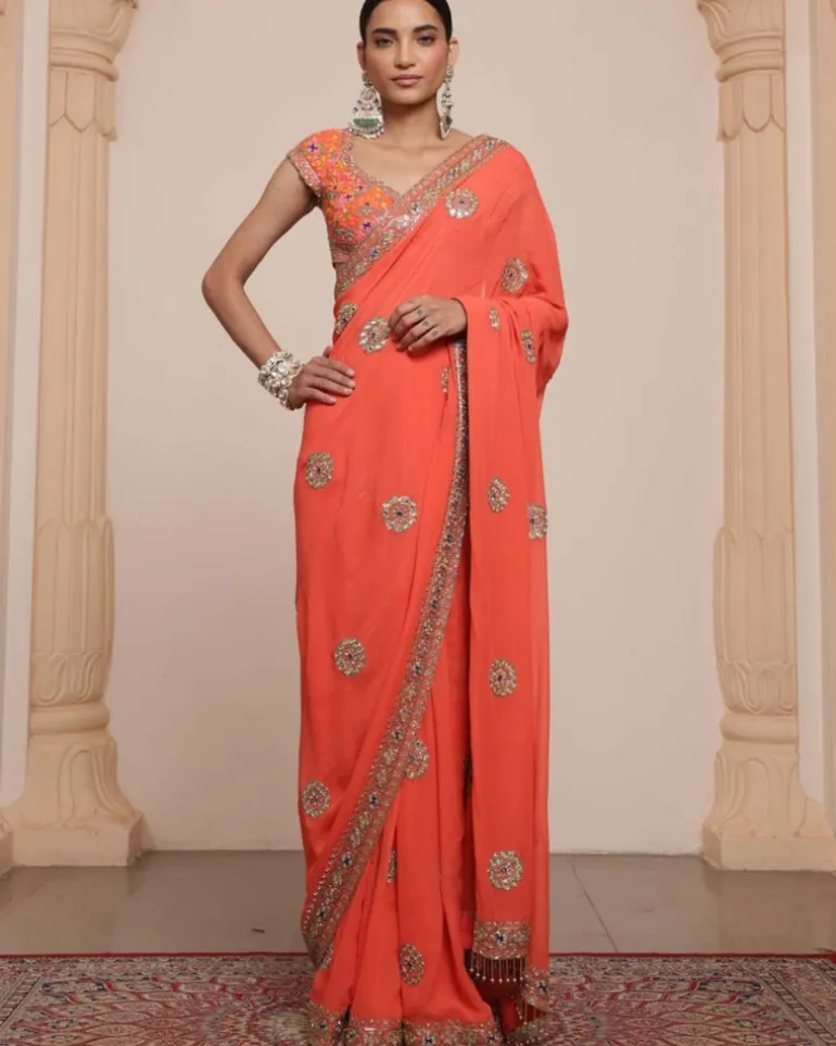 Orange And Gold Multithread Embroidered Sari Set