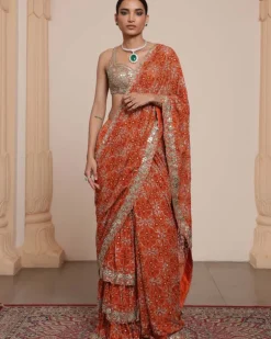 Orange And Gold Multithread Ruffle Sari Set