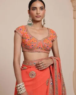 Orange And Gold Multithread Embroidered Sari Set