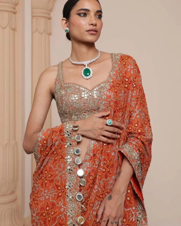 Orange And Gold Multithread Ruffle Sari Set