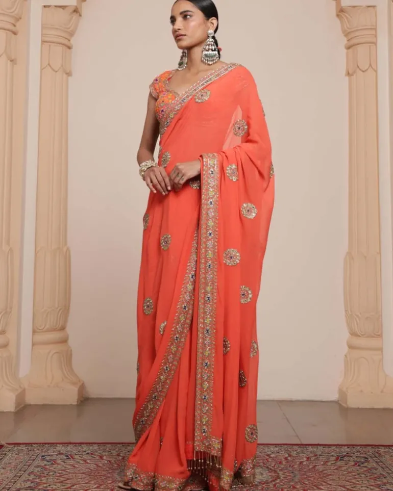 Orange And Gold Multithread Embroidered Sari Set