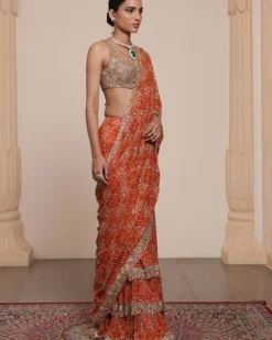 Orange And Gold Multithread Ruffle Sari Set