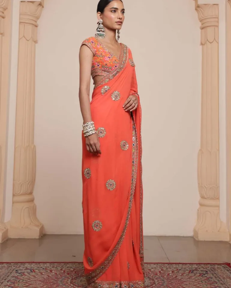 Orange And Gold Multithread Embroidered Sari Set