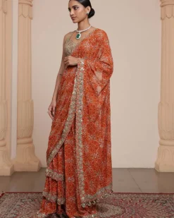 Orange And Gold Multithread Ruffle Sari Set