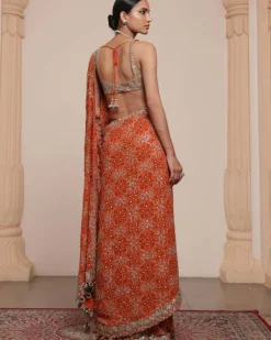Orange And Gold Multithread Ruffle Sari Set