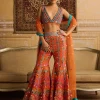 Orange Embroidered Blouse And Sharara Set