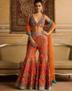 Orange Embroidered Blouse And Sharara Set