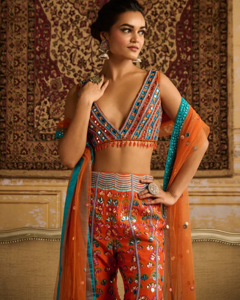 Orange Embroidered Blouse And Sharara Set