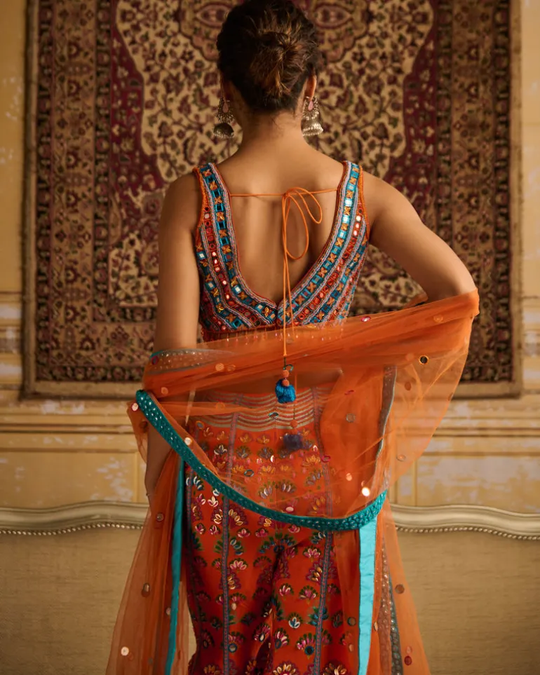 Orange Embroidered Blouse And Sharara Set