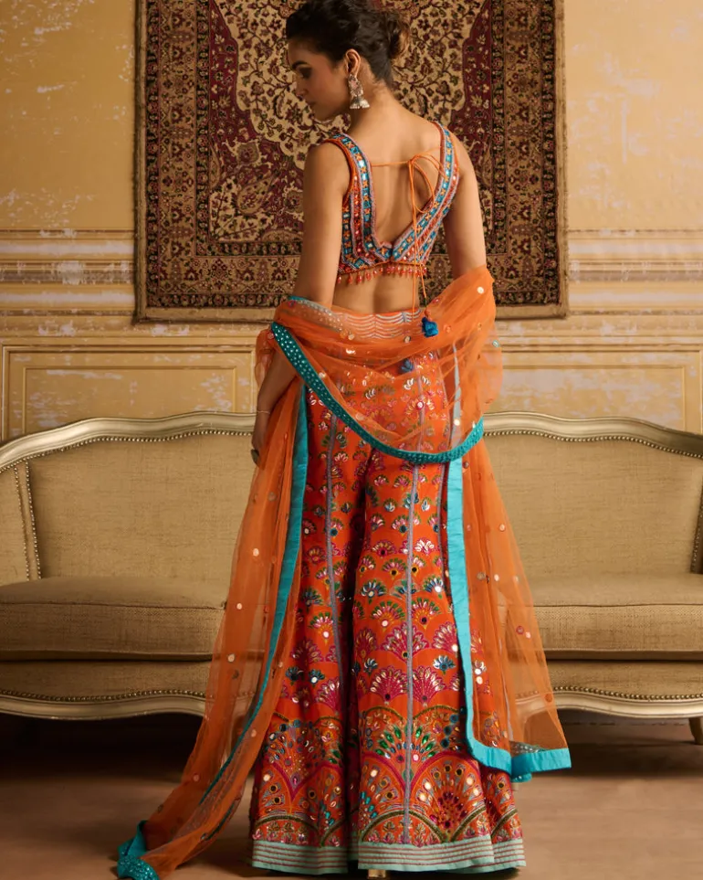 Orange Embroidered Blouse And Sharara Set