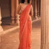 Orange Pre-Draped Embroidered Sari Set