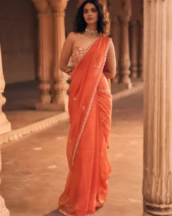 Orange Pre-Draped Embroidered Sari Set