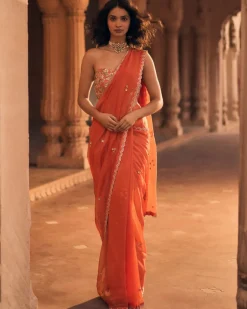 Orange Pre-Draped Embroidered Sari Set