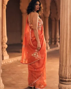Orange Pre-Draped Embroidered Sari Set