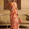 Orange Print & Embroidered Blouse And Skirt Sari Set