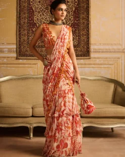 Orange Print & Embroidered Blouse And Skirt Sari Set