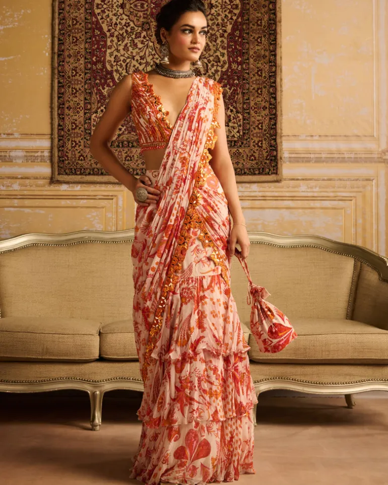 Orange Print & Embroidered Blouse And Skirt Sari Set