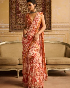 Orange Print & Embroidered Blouse And Skirt Sari Set
