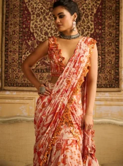 Orange Print & Embroidered Blouse And Skirt Sari Set