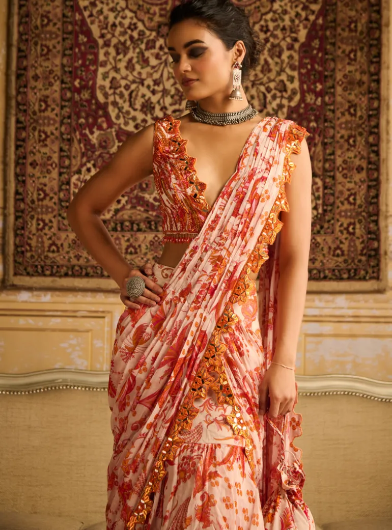 Orange Print & Embroidered Blouse And Skirt Sari Set