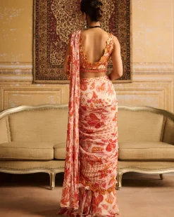 Orange Print & Embroidered Blouse And Skirt Sari Set