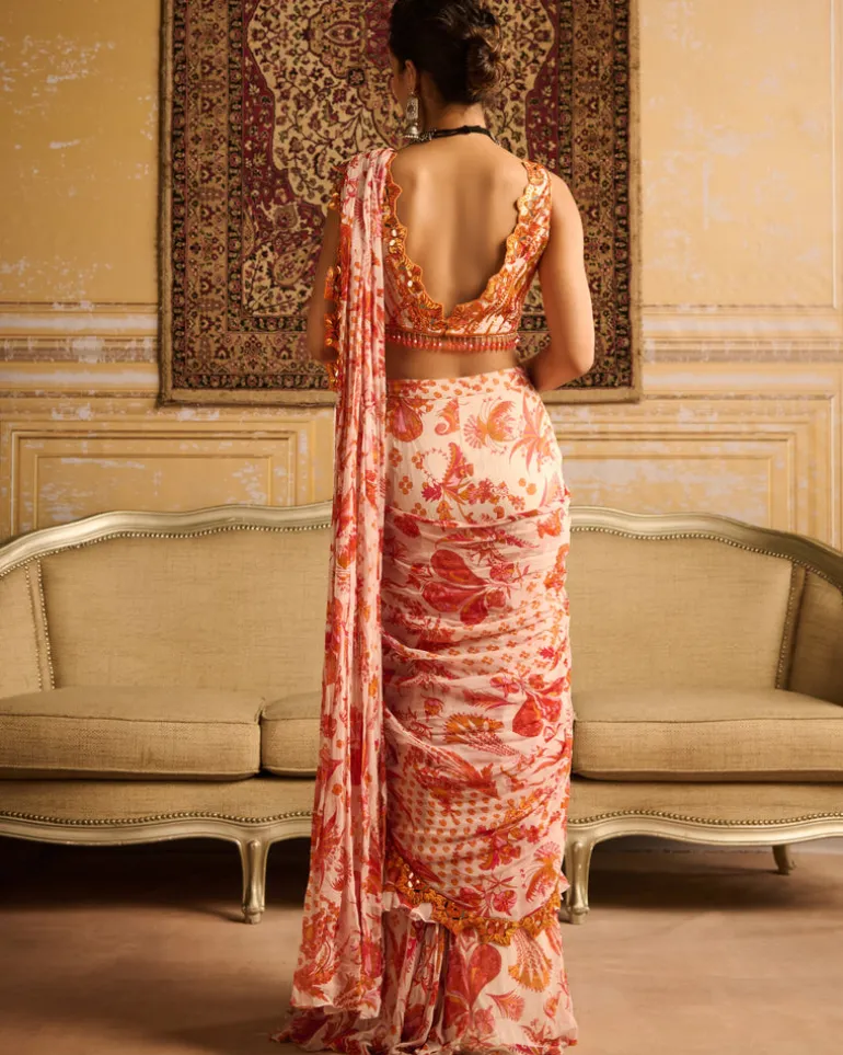 Orange Print & Embroidered Blouse And Skirt Sari Set