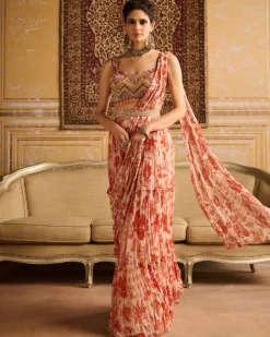 Orange Print Pre-Draped Sari Set