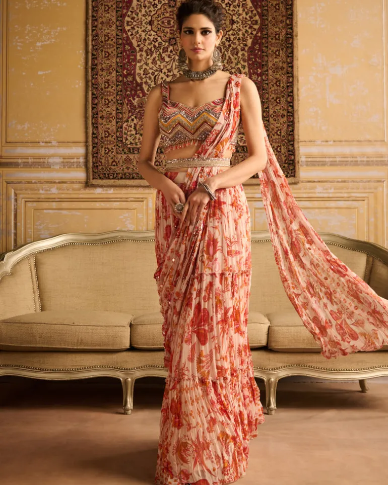 Orange Print Pre-Draped Sari Set