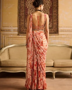 Orange Print Pre-Draped Sari Set