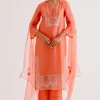 Orange Silk Chanderi Dori And Sequins Embroidered Kurta Set