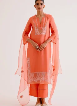Orange Silk Chanderi Dori And Sequins Embroidered Kurta Set